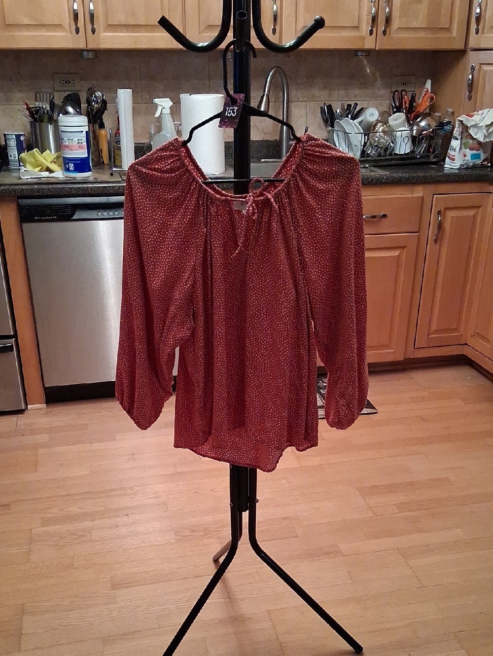 LOFT Rust Red Dot Tie-Neck Peasant Blouse